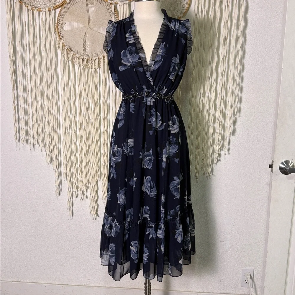 Kate Spade Navy and Light Blue Floral Chiffon Embellished Midi Length Dress XS